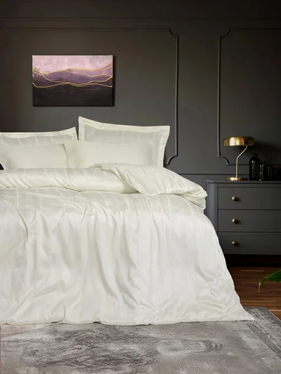 سرویس کاور روتختی کتان باکس کوئین BAMBOO STRIPE EKRU COTTON BOX