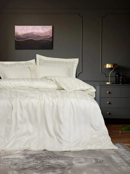 سرویس کاور روتختی کتان باکس کوئین BAMBOO STRIPE EKRU COTTON BOX