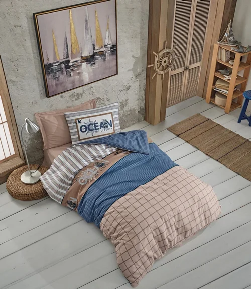 سرویس کاور روتختی کتون باکس سینگل OCEAN LACIVERT COTTON BOX