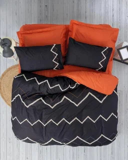 سرویس کاور روتختی کتان باکس کوئین MIRELY SIYAH/KIREMIT COTTON BOX